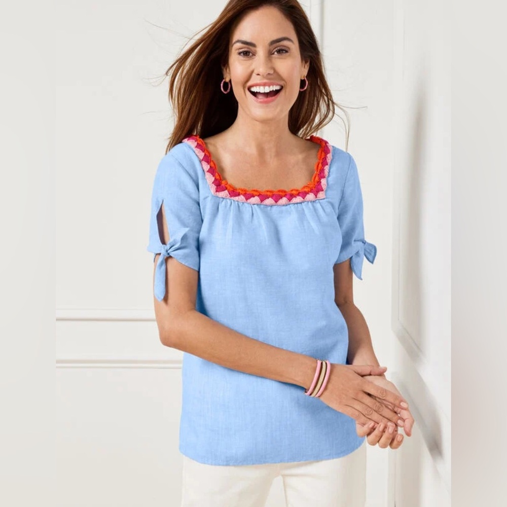 Talbots Blue and Red  and pink Puff Sleeve Blouse with Tie slit sleeves